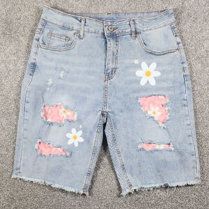 Unbranded Distressed Embroidered Floral Pattern Denim Shorts Womens Blue Size 12